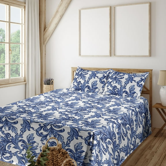 Ambesonne Leaf Pattern Fitted & Flat Sheet with Shams 4 Pcs Set, Muted Winter Leafy Art, King, Dark Ceil Blue White
