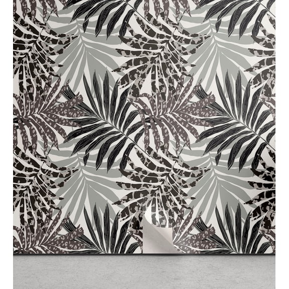 Ambesonne Leaf Peel & Stick Wallpaper for Home, Animal Print Palm Leaves Art, 13"x100", Dimgray Pale Grey and White