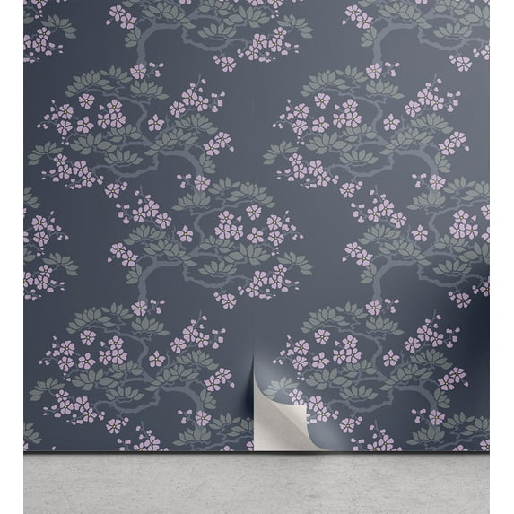 Ambesonne Leaf Peel & Stick Wallpaper for Home, Japanese Plum Blossoms, 13"x72", Bluegrey Pale Pink Sage