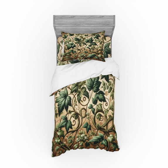 Ambesonne Leaf Print Bedding Set 3 Pcs, Swirling Branches Ivy, TwinXL, Pale Brown Hunter Green