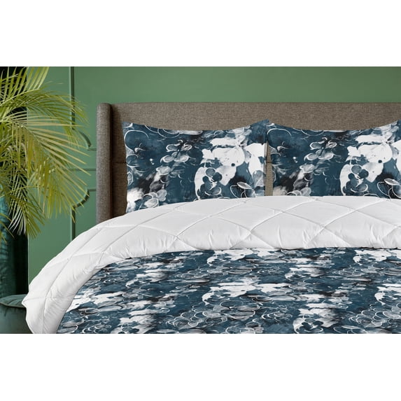Ambesonne Leaf Print Down Alternative Quilt Comforter, Abstract Botany Leaves, Twin XL, Dark Petrol Blue and White