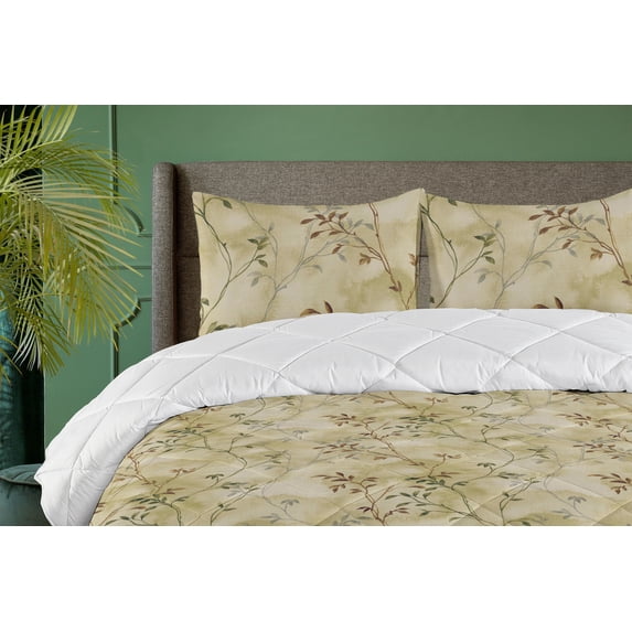 Ambesonne Leaf Print Down Alternative Quilt Comforter, Leaves Nature Pattern, Full, Pale Khaki Brown Green