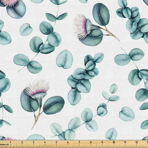 Ambesonne Leaf Print Fabric by the Yard, Eucalyptus Branches Art, 5 Yards, Pale Teal and Cadet Blue