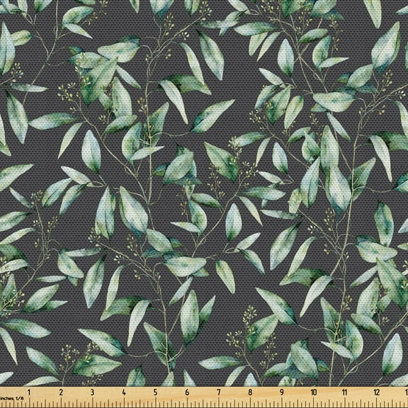 Ambesonne Leaf Print Fabric by the Yard Upholstery, Romantic Eucalyptus Art, 1 Yard, Dark Grey Laurel Green