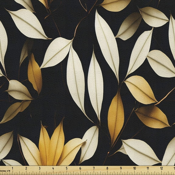 Ambesonne Leaf Print Fabric by the Yard Upholstery, Art Autumn Leaves Modern, 1 Yard, Black Ginger Ivory