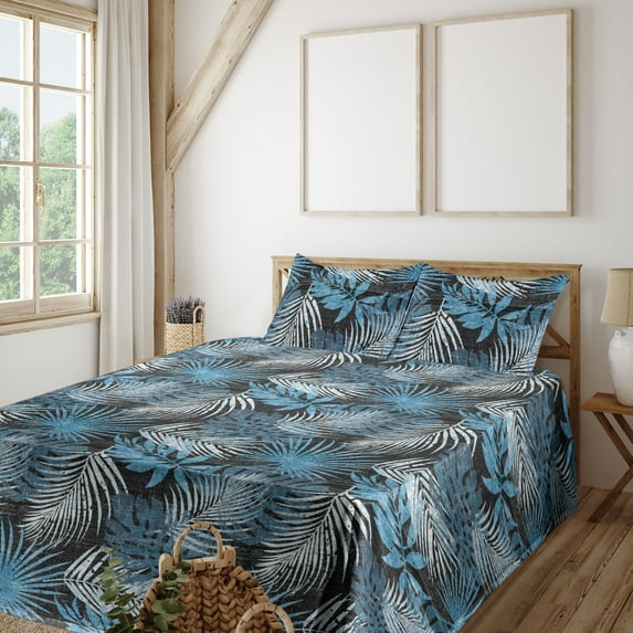 Ambesonne Leaf Print Fitted & Flat Sheet with Shams 4 Pcs Set, Abstract Tropical Grunge, Full, Dark Grey and Sky Blue