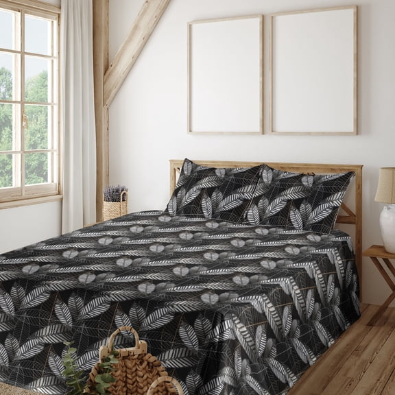 Ambesonne Leaf Print Fitted & Flat Sheet with Shams 4 Pcs Set, Botanical Leaves Exotic, Queen, Charcoal Grey and Beige