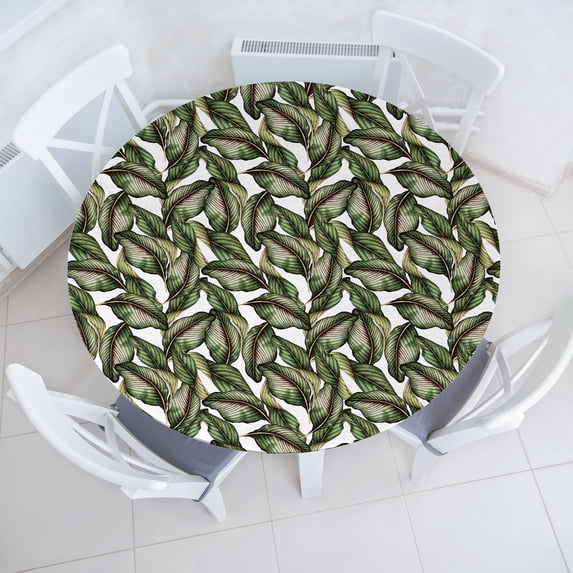 Ambesonne Leaf Print Fitted Round Tablecloth, Art Exotic Leaves Jungle, 45"- 56" Diameter, Green Seal Brown and White
