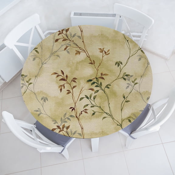 Ambesonne Leaf Print Fitted Round Tablecloth, Leaves Nature Pattern, 36"- 40" Diameter, Pale Khaki Brown Green