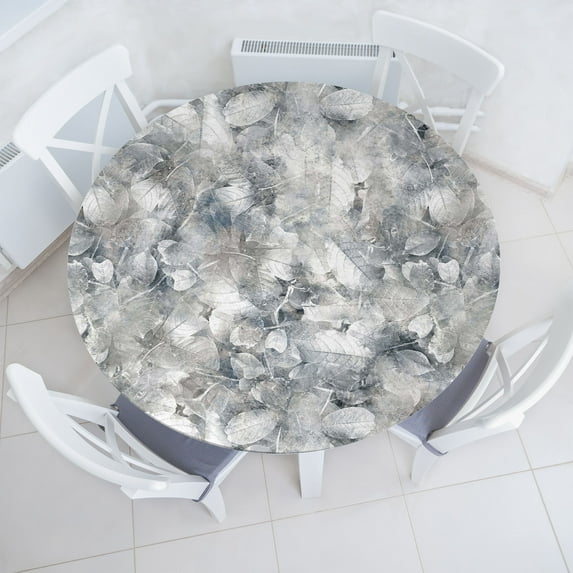 Ambesonne Leaf Print Fitted Round Tablecloth, Leaves Vintage Neutral, 56"- 60" Diameter, Pale Blue Grey Tan White