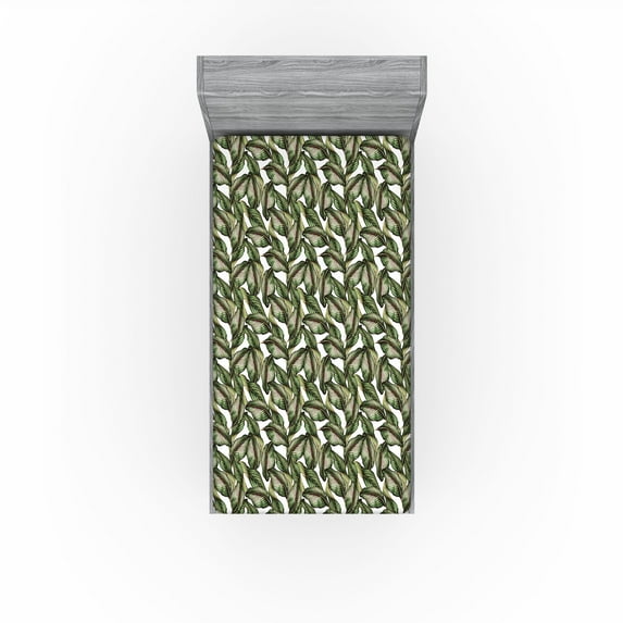 Ambesonne Leaf Print Fitted Sheet, Art Exotic Leaves Jungle, Twin XL Size, Green Seal Brown and White