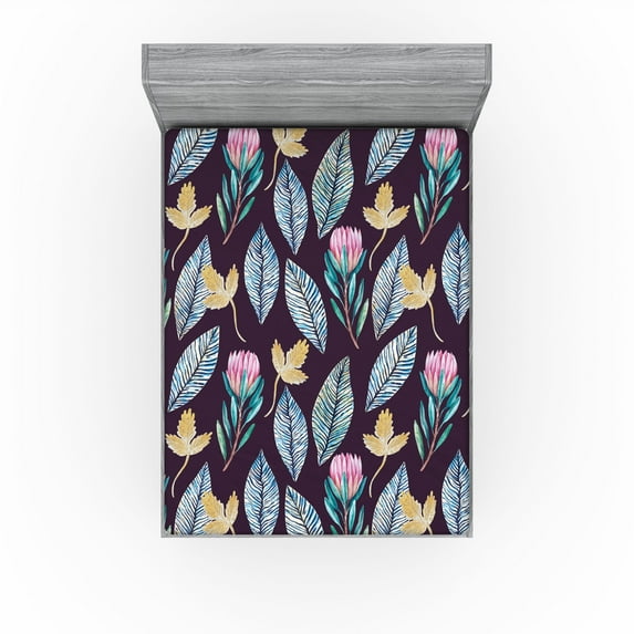 Ambesonne Leaf Print Fitted Sheet, Nature Vibes Leaves Art, Queen Size, Plum and Multicolor