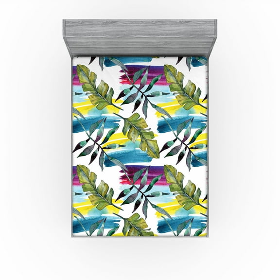 Ambesonne Leaf Print Fitted Sheet, Watercolor Leaves Modern, Full Size, Fern Green and Multicolor