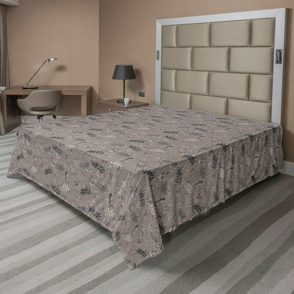 Ambesonne Leaf Print Flat Bedding Sheet Soft Top Sheet, Abstract Leaves Dotted, Queen, Eggshell and Taupe Grey