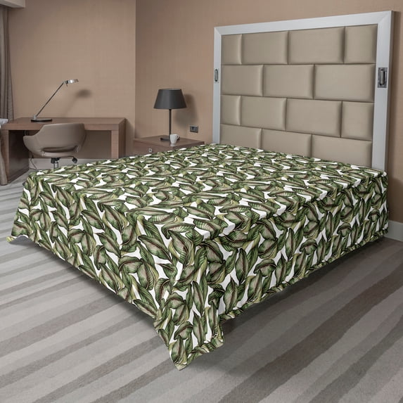 Ambesonne Leaf Print Flat Bedding Sheet Soft Top Sheet, Art Exotic Leaves Jungle, Full, Green Seal Brown and White