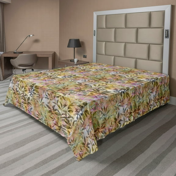 Ambesonne Leaf Print Flat Bedding Sheet Soft Top Sheet, Colorful Retro Leaves, King, Khaki Pink Fawn