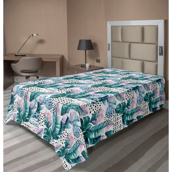 Ambesonne Leaf Print Flat Bedding Sheet Soft Top Sheet, Watercolor Boho Leaves, Twin, Teal Lilac White