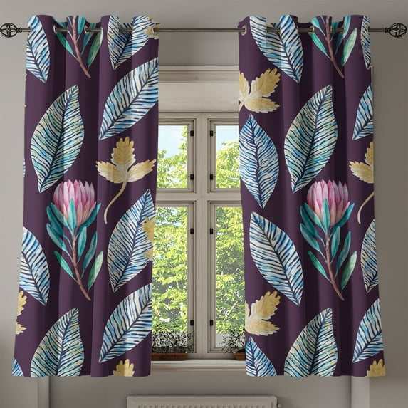 Ambesonne Leaf Print Grommet Curtain, Nature Vibes Leaves Art, 50"x63", Plum and Multicolor