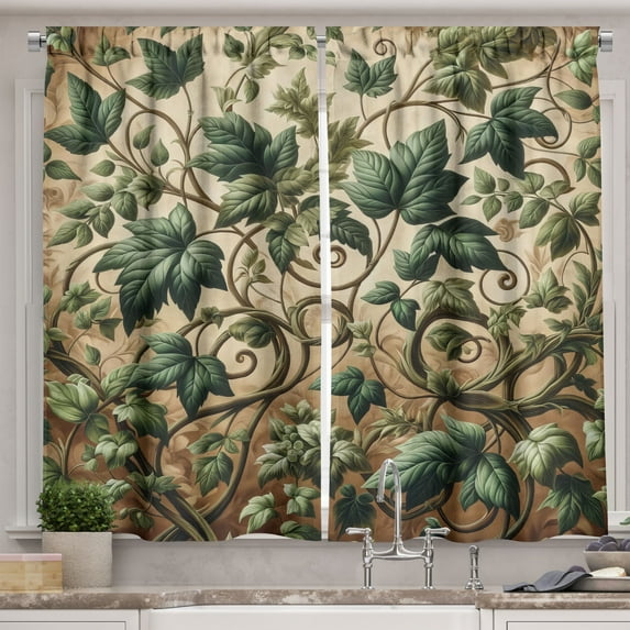 Ambesonne Leaf Print Kitchen Curtains, Swirling Branches Ivy, 55"x24", Pale Brown Hunter Green