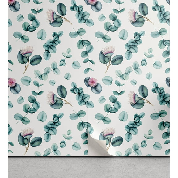 Ambesonne Leaf Print Peel & Stick Wallpaper for Home, Eucalyptus Branches Art, 13"x72", Pale Teal and Cadet Blue