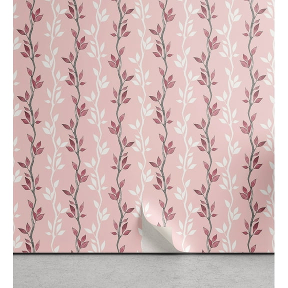 Ambesonne Leaf Print Peel & Stick Wallpaper for Home, Pastel Branches Painting, 13"x72", Pale Pink Grey Dried Rose