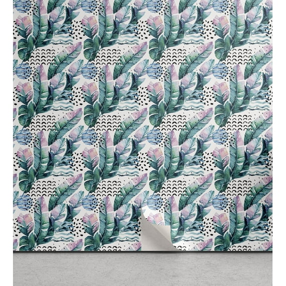 Ambesonne Leaf Print Peel & Stick Wallpaper for Home, Watercolor Boho Leaves, 13"x36", Teal Lilac White