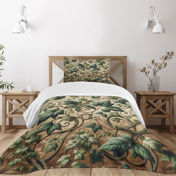 Ambesonne Leaf Print Quilted Bedspread Set 2 Pcs, Swirling Branches Ivy, Twin Size, Pale Brown Hunter Green