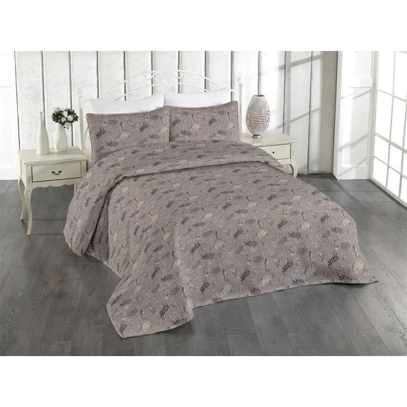 Ambesonne Leaf Print Quilted Bedspread Set 3 Pcs, Abstract Leaves Dotted, King, Eggshell and Taupe Grey