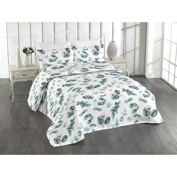 Ambesonne Leaf Print Quilted Bedspread Set 3 Pcs, Eucalyptus Branches Art, Queen, Pale Teal and Cadet Blue