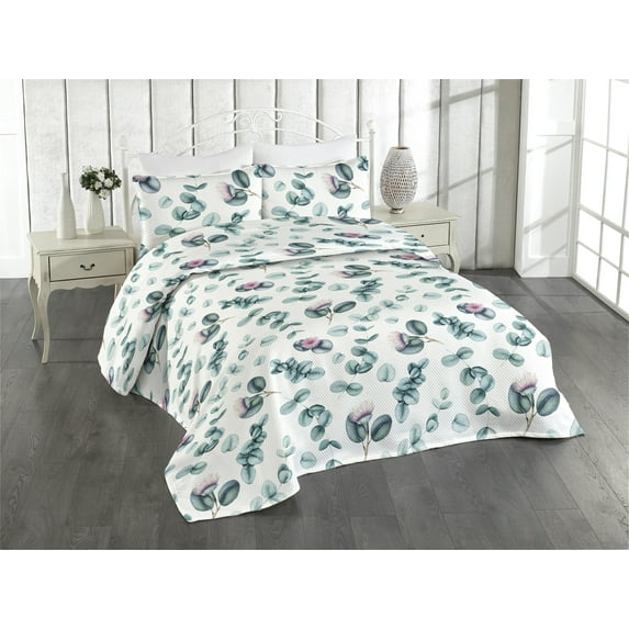 Ambesonne Leaf Print Quilted Bedspread Set 3 Pcs, Eucalyptus Branches Art, Queen, Pale Teal and Cadet Blue
