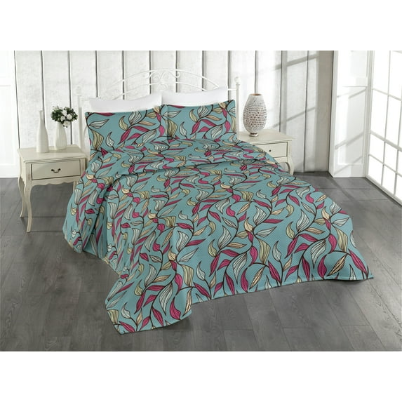 Ambesonne Leaf Print Quilted Bedspread Set 3 Pcs, Geometric Leafy Pattern, Twin, Cadet Blue and Cream