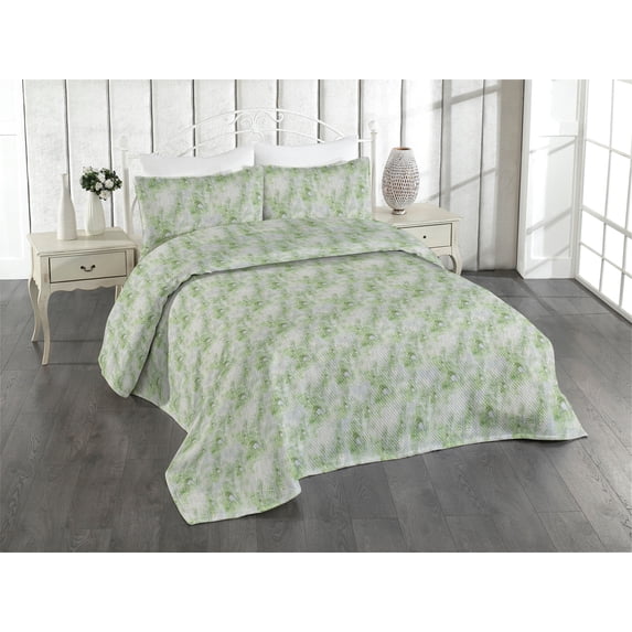 Ambesonne Leaf Print Quilted Bedspread Set 3 Pcs, Grunge Art Palm Leaves, King, Pale Grey Lime Green