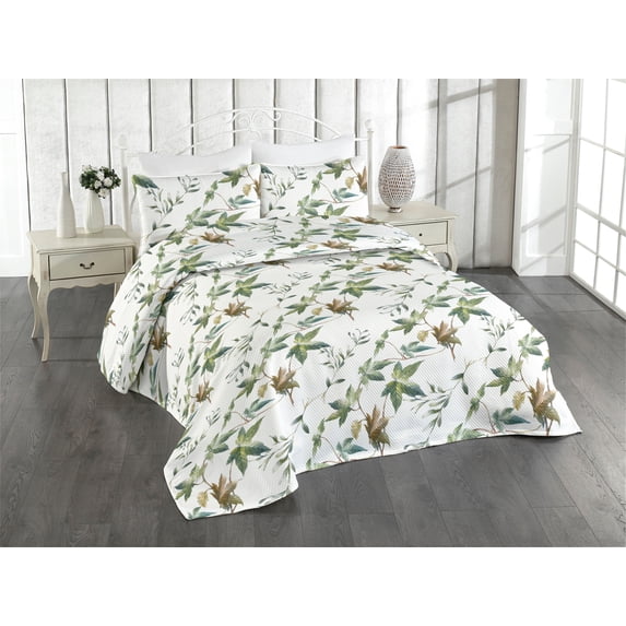 Ambesonne Leaf Print Quilted Bedspread Set 3 Pcs, Leaves Simple Branches, Queen, Reseda Green and Pale Brown