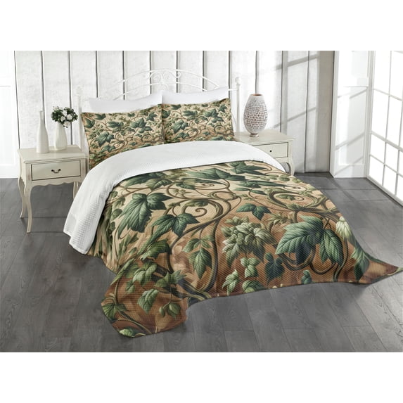 Ambesonne Leaf Print Quilted Bedspread Set 3 Pcs, Swirling Branches Ivy, Queen Size, Pale Brown Hunter Green