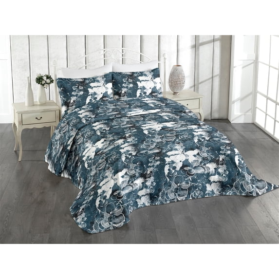 Ambesonne Leaf Print Quilted Coverlet 3 Pcs, Abstract Botany Leaves, Queen Size, Dark Petrol Blue and White