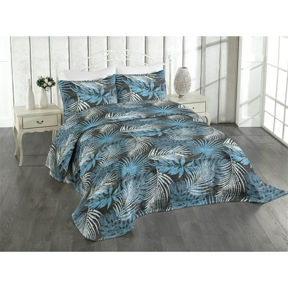 Ambesonne Leaf Print Quilted Coverlet 3 Pcs, Abstract Tropical Grunge, Queen Size, Dark Grey and Sky Blue