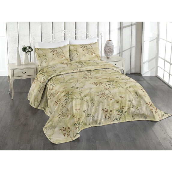 Ambesonne Leaf Print Quilted Coverlet 3 Pcs, Leaves Nature Pattern, King Size, Pale Khaki Brown Green