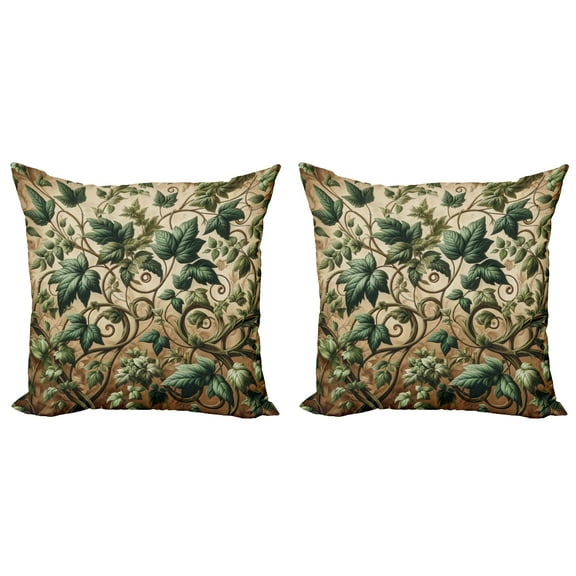 Ambesonne Leaf Print Throw Pillow Cover 2 Pack, Swirling Branches Ivy, 16", Pale Brown Hunter Green