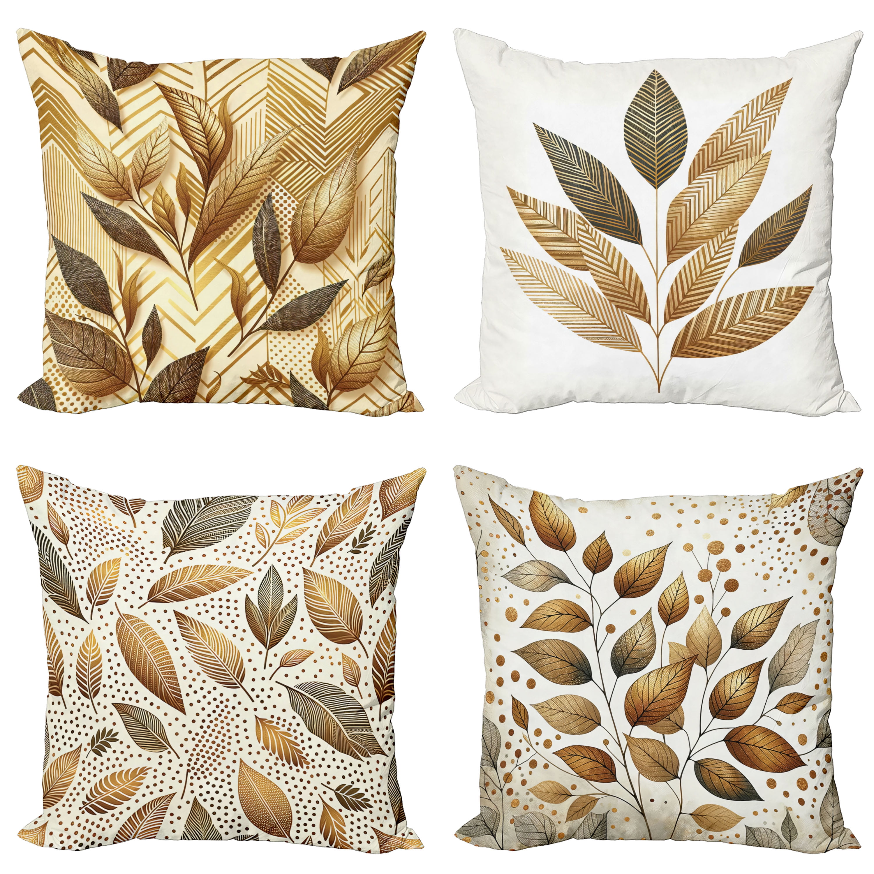 Ginger Brown and Cream Leaf Print Polyester Pillow Covers, 20" x 20", Set of 4