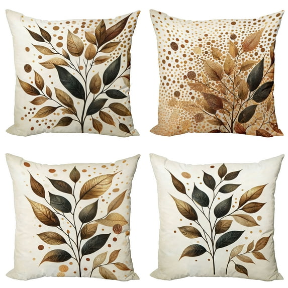 Ambesonne Leaf Print Throw Pillow Cover 4 Pack, Rustic Autumnal Dots, 24", Brown Caramel and Taupe Grey
