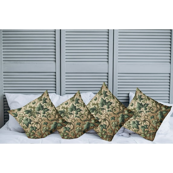 Ambesonne Leaf Print Throw Pillow Cover Pack of 4, Swirling Branches Ivy, 4 Pcs-28" x 28", Pale Brown Hunter Green