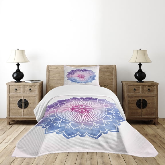 Ambesonne Leaf Quilted Bedspread Set 2 Pcs, Boho Blossom Watercolor, Twin Size, Violet Blue Fuchsia