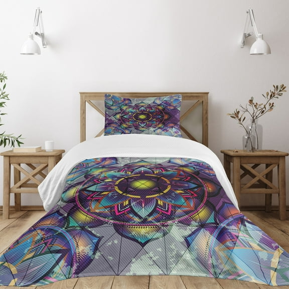 Ambesonne Leaf Quilted Bedspread Set 2 Pcs, Grunge Futuristic Mandala, Twin Size, Multicolor