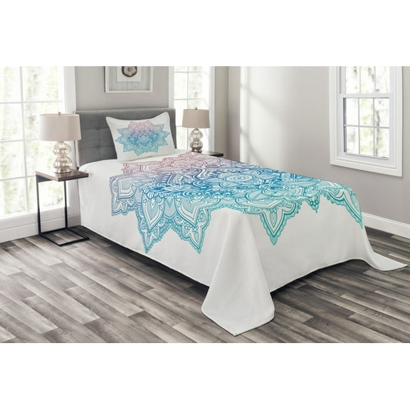 Ambesonne Leaf Quilted Bedspread Set 2 Pcs, Paisley Motif Bohem Art, Twin Size, Pale Blue Lilac