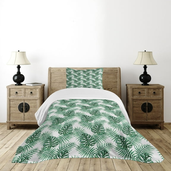 Ambesonne Leaf Quilted Bedspread Set 2 Pcs, Palm Mango Banana Tree, Twin Size, Forest Green