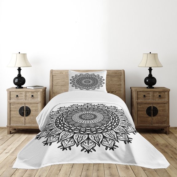 Ambesonne Leaf Quilted Bedspread Set 2 Pcs, Tribal Flower, Twin Size, Black White