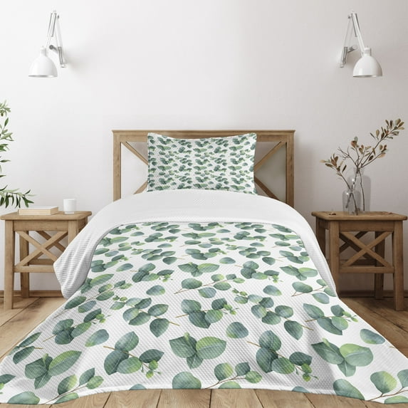 Ambesonne Leaf Quilted Bedspread Set 2 Pcs, Watercolor Eucalyptus Art, Twin Size, Green Pale Brown White