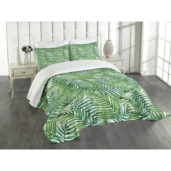 Ambesonne Leaf Quilted Bedspread Set 3 Pcs, Botanical Wild Palm Trees, King Size, Green White