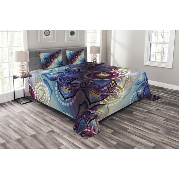 Ambesonne Leaf Quilted Bedspread Set 3 Pcs, Diagonal Gradient Lotus, King Size, Multicolor