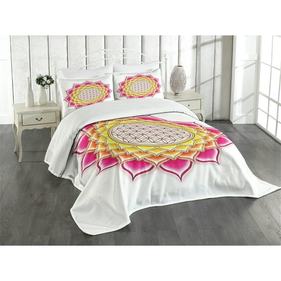 Ambesonne Leaf Quilted Bedspread Set 3 Pcs, Flower of Life Lotus Vivid, King Size, Hot Pink Orange Yellow